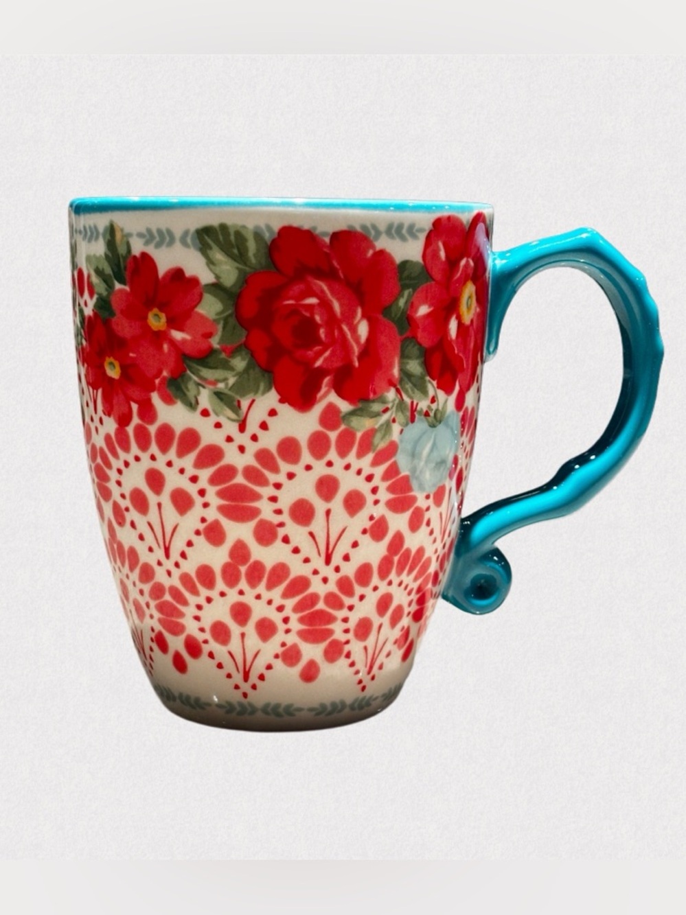 The Pioneer Woman Vintage Floral Jumbo Latte Mug 28 oz Teal Red Stoneware